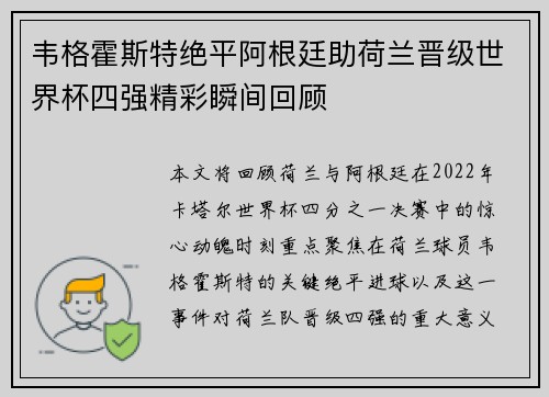 韦格霍斯特绝平阿根廷助荷兰晋级世界杯四强精彩瞬间回顾
